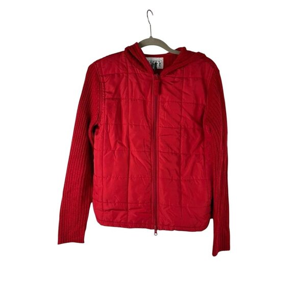 Keren Hart Vintage Women's Medium Red Hooded Ribbed Knit Sleeve Zip Up Jacket - Picture 1 of 12